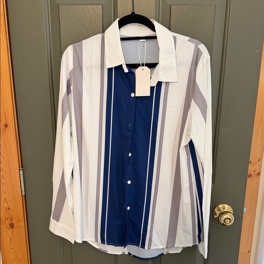 Elegant Women's Striped Blouse in Blue and Gray